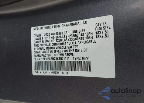 2019 Honda Odyssey Ex-L из США, поврежденный, VIN 5FNRL6H73KB001411